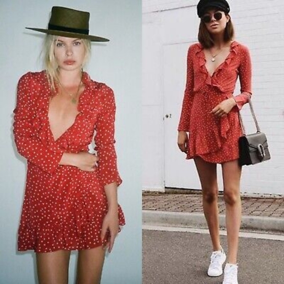 Realisation Red Silk Alexandra‎ Star Print Wrap Mini Dress XS Ruffle Neckline - Picture 3 of 13